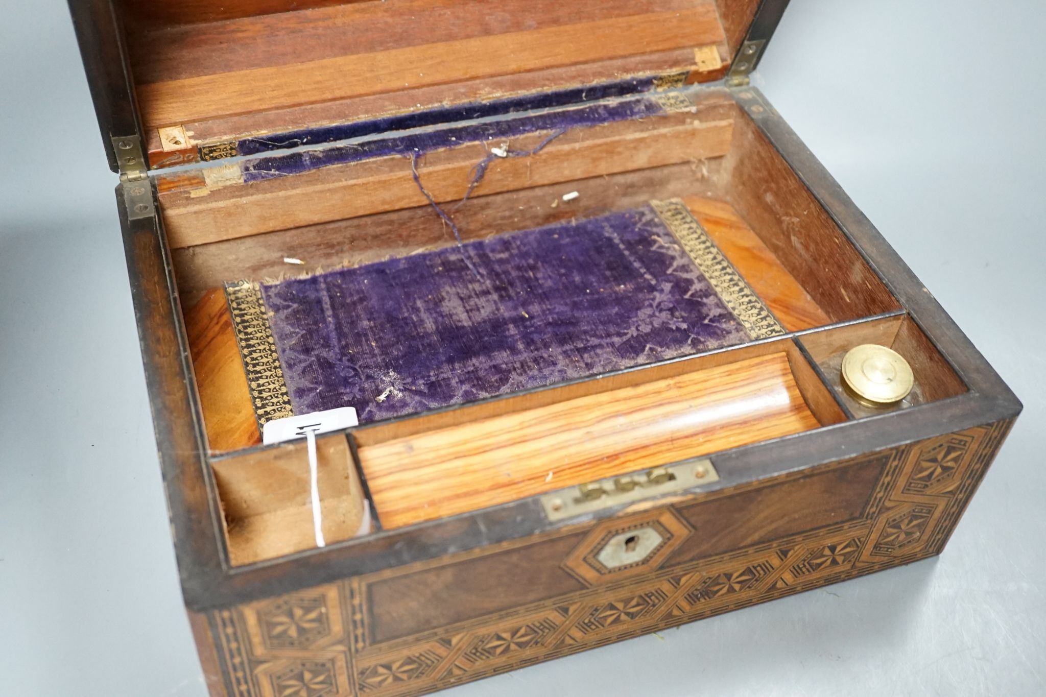 A Victorian inlaid walnut box and a Victorian black lacquer tea caddy, 30cm